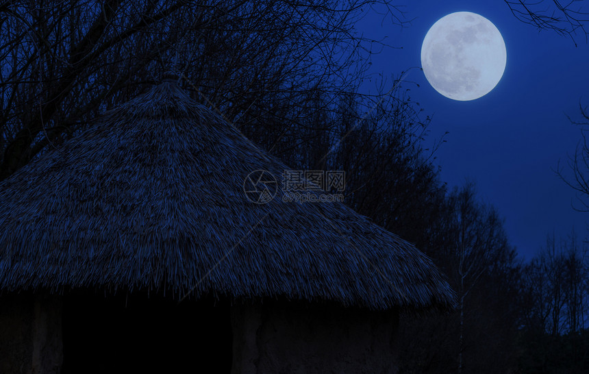 一种建造热带晚上有稻草屋顶的原始小月亮在天空中自然景观背图片