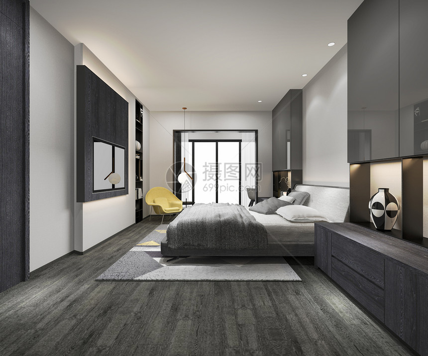 渲染3d提供美丽的豪华卧室套房在酒店与电视放松沙发图片