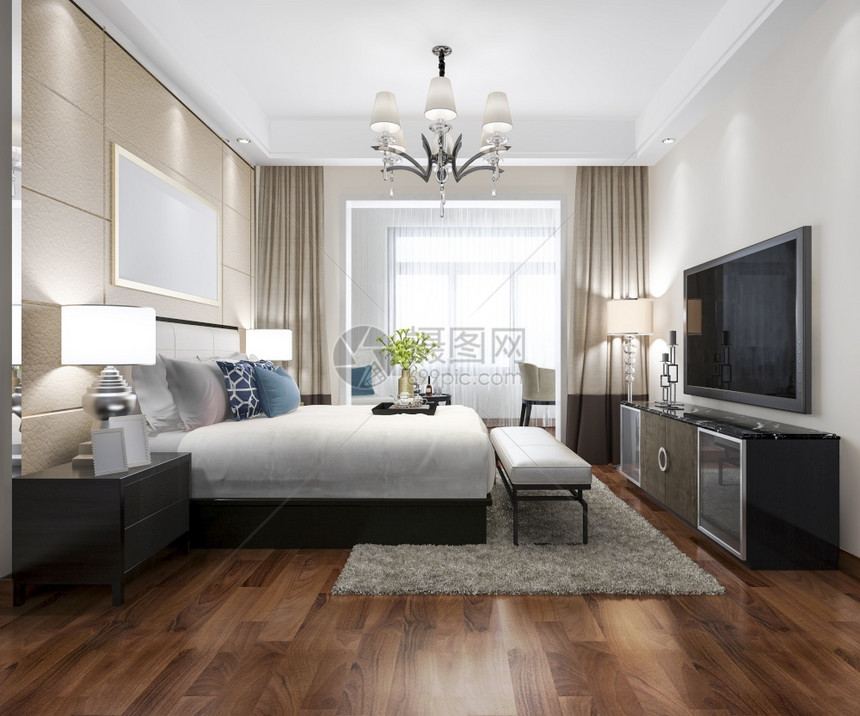 家具扶手椅3d在酒店提供豪华现代卧室套房渲染图片