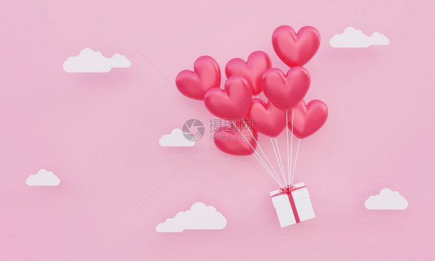 浪漫插图情人节爱概念背景红色3D心形气球和礼物盒在粉红天空中漂浮纸云二月图片
