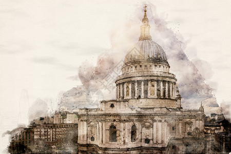 英国伦敦著名的圣保罗大教堂水彩画图示大不列颠旅行欧洲颜色图片