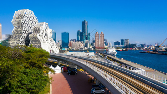 天际线城市的自然高雄空中观光蓝天背景和高雄港背景