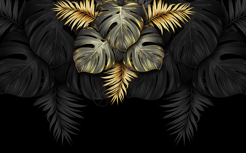 深色植物丛林旅行深色大理石背景上的黑色和金热带叶子深背景上的豪华异国植物黑色和金热带叶子豪华异国情调的植物花艺术背景