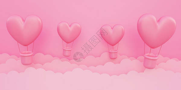 装饰卡片婚礼情人节爱概念背景粉红色3D心形热气球在天空中飘浮着纸云图片