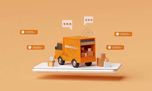 电子商务概念移动应用的送货服务卡车运输3D类D追踪食物店铺图片