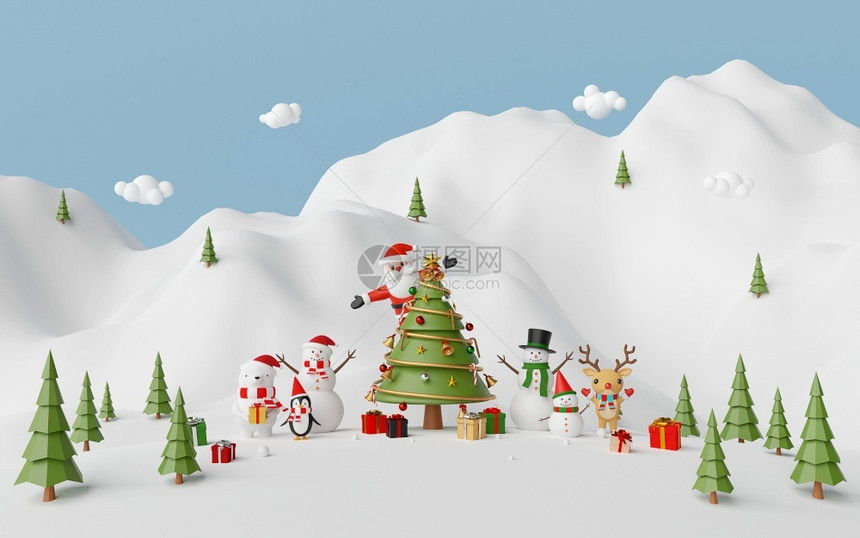 圣诞节使成为快乐新年圣诞庆典与老人和在雪山的朋友一起庆祝3D特点图片