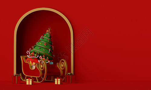 是冬天来到圣诞节快乐和新年圣诞老人雪橇树上满是礼物盒的圣诞树冬天熊设计图片