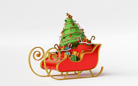 驯鹿雪橇愉快渲染圣诞节盛满礼物和树的雪橇剧场3D设计图片