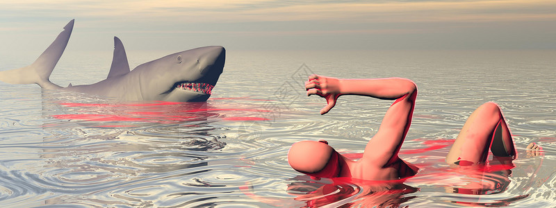 游泳数字的一名伤员试图逃离鲨鱼在海洋攻击中的袭3D造成1人牙齿设计图片
