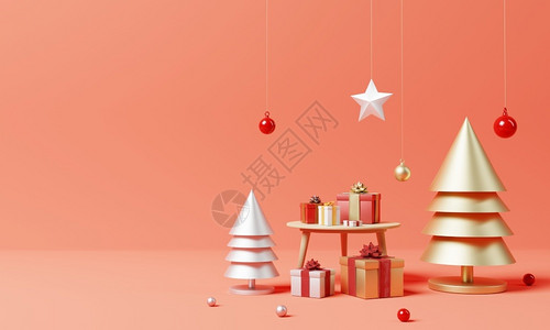 节曰装饰金的圣诞节成套装饰和配有黄金和银的Xma树和红背景雪花假日节和最小目标概念3D插图三维问候松树设计图片