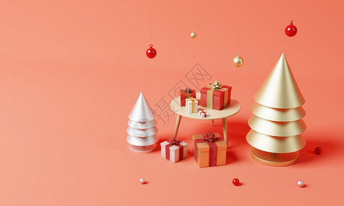 圣诞晚餐的派对圣诞节成套装饰和配有黄金和银的Xma树和红背景雪花假日节和最小目标概念3D插图三维极简主义新的设计图片