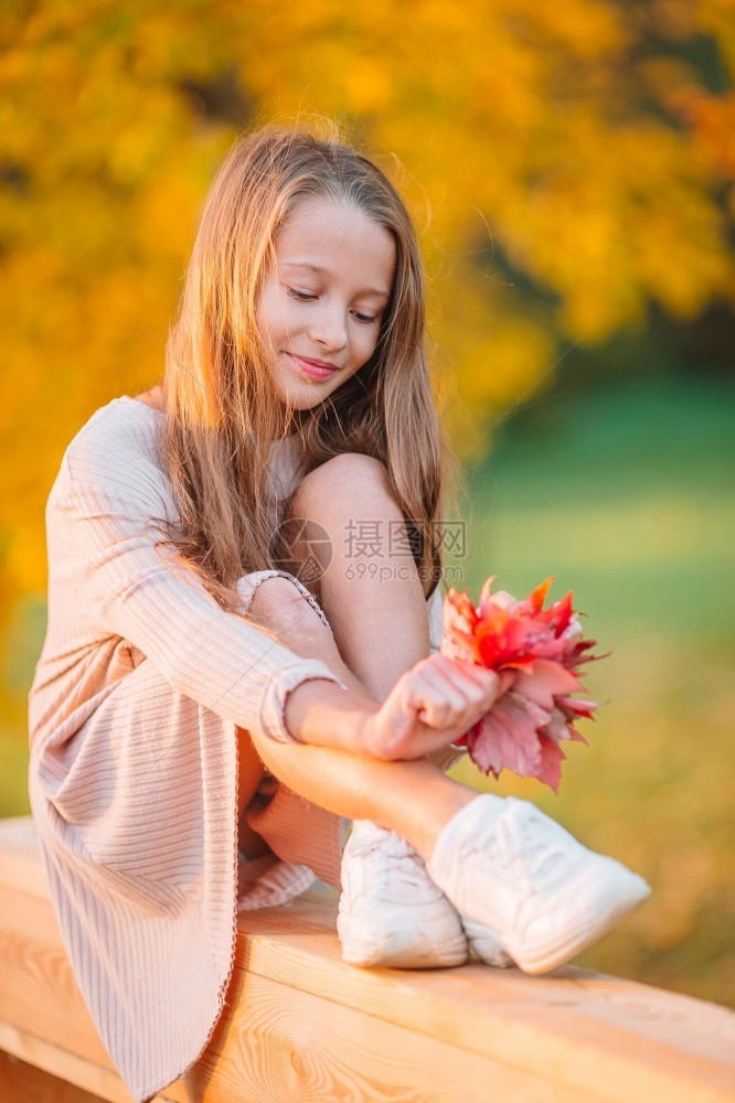 秋天在公园户外露台带黄色叶子花束的可爱小女孩肖像秋天带着黄色叶子花束的可爱小女孩肖像外部十月快乐的图片