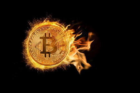 金融的Bitcoin模型在黑暗色背景的火焰中模拟比特币加密概念商业和投资概念高风险等连锁链技术电子商务金的黑暗的高清图片素材