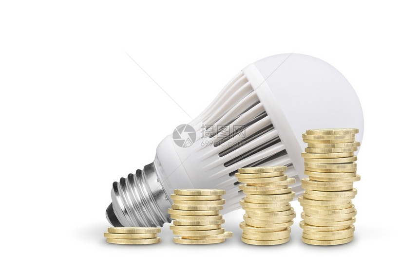 解决方案电硬币用LED灯泡保存的用白背景孤立下来的钱图片