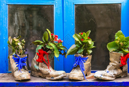 欧洲墙装饰可爱花盆旧鞋图片