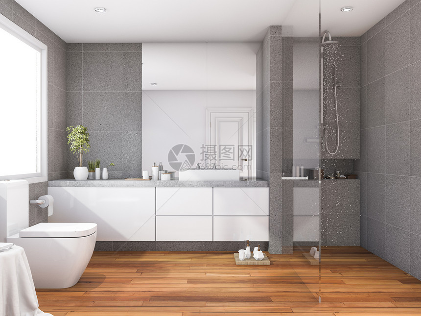 放松3d将热带和现代风格的木材浴室靠近窗户住宅渲染图片