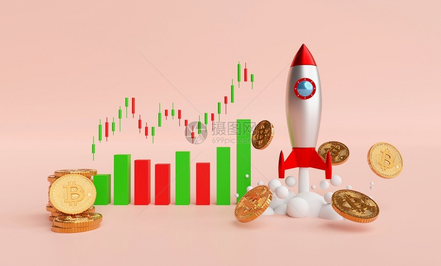 贸易投资银行业火箭发射和BTC比特币及蜡烛图表3d插图片