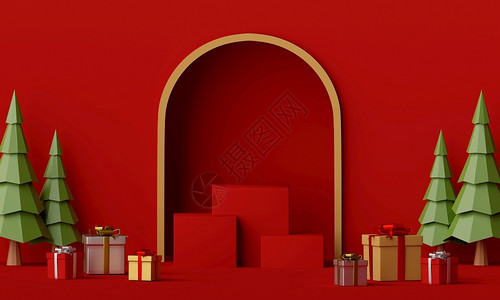 圣诞节企鹅快乐和新年红讲台的场景与圣诞礼物3D快乐的图片