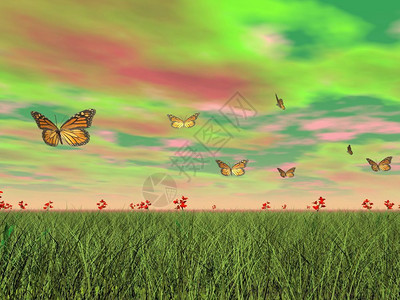 明亮蝴蝶许多君主蝴蝶在草上飞翔红花和多彩的天空自然界中的美王蝴蝶3D植物户外美丽的设计图片