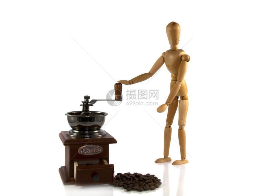 艺术木制的研磨旧机器上木偶碾磨咖啡图片