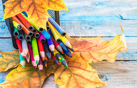 彩色树叶枫叶叶子秋季落叶和彩色铅笔背景