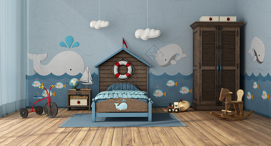 墙渲染孩子装有单床和玩具的海洋型儿童房3DRetro风格儿童房间装有玩具的海洋型儿童房背景