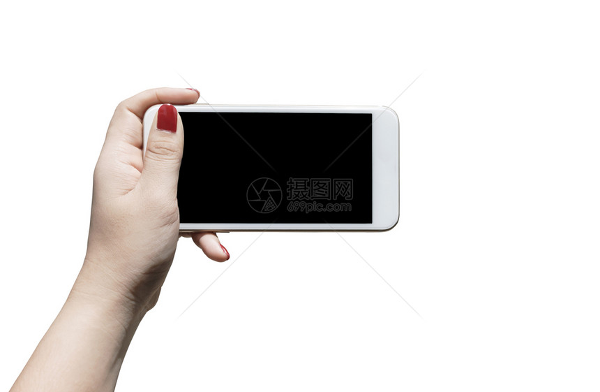 照片保持妇女手机在白色背景上被隔离有剪切路径组织者图片