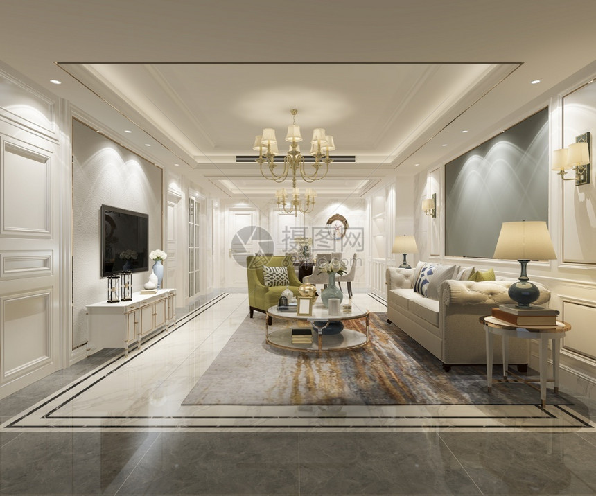 3d提供豪华和现代客厅及餐优质的地面阁楼图片
