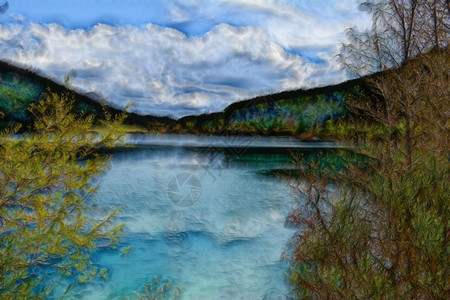 画风蓝天白云下的湖光秋色设计图片