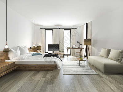 白色的3d使木制最小风格的卧室从窗口视图放松酒店图片