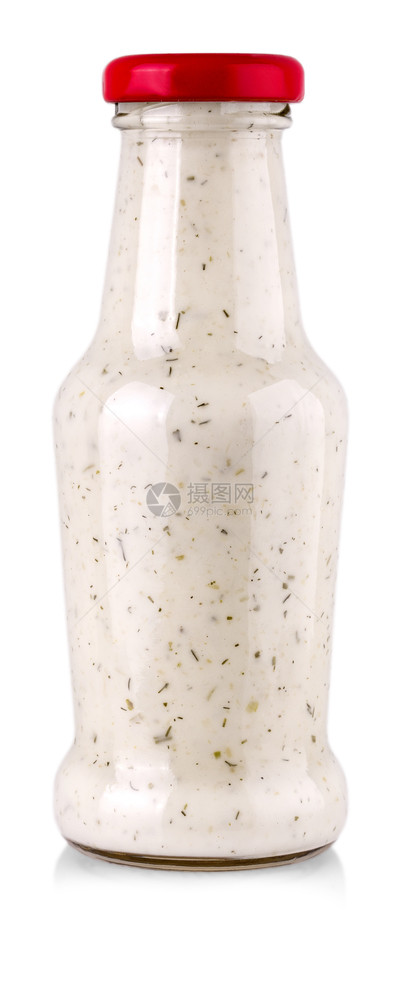 奶油美食有机的白底带酱汁玻璃瓶孤立于白底图片