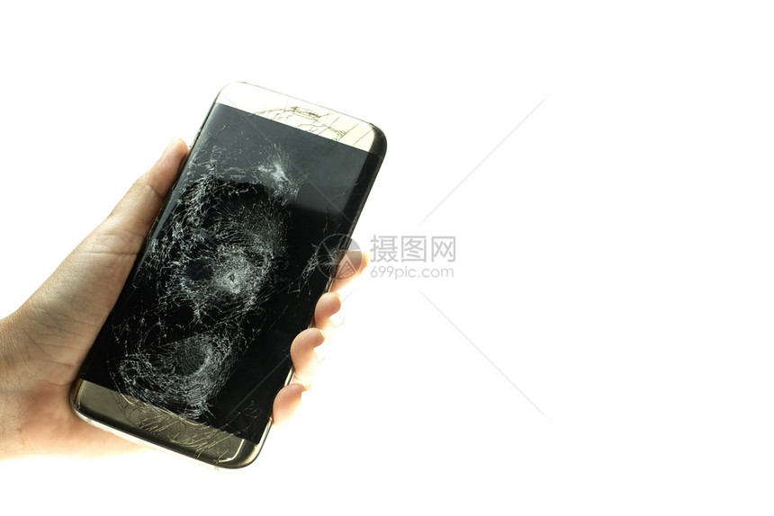 蜂窝手握智能电话屏幕是用白色背景破碎的玻璃白色图片