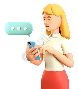 淑女范虚拟的企业家3D插图美丽的金发女在智能手机上聊天时用语音泡卡通微笑的女商人在电话上说和打字社交网络通信移动连接等例子移动的设计图片