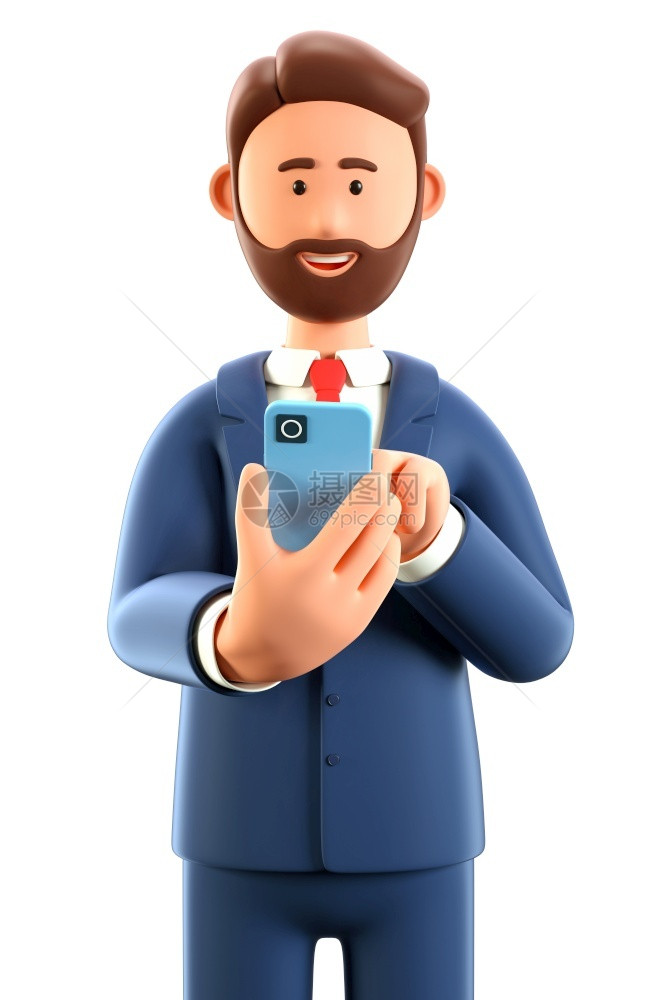 联系相互作用3D说明男子在社交网络移动连接送信人概念中观看智能手机和聊天的3D插图漫画笑着商人说话和打字的Cute漫画特点图片