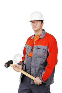 一种人身穿大衣手握锤子白色背景的建筑工技术微笑图片