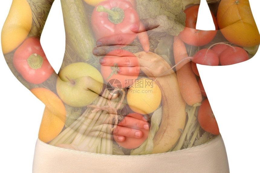 有水果和蔬菜的女腹部在白色背景上与世隔绝萝卜西兰花橙图片