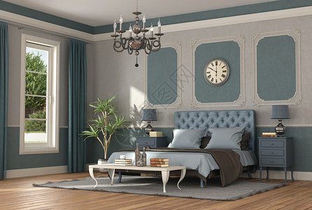 房间家具经典风格的高级蓝色和灰主卧室3D制成优美蓝色和灰主卧室经典的背景图片