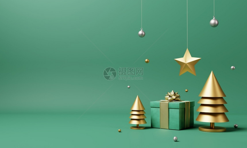 松树极简主义圣诞节成套装饰和配有金色的Xmas树和在孤立的绿色背景上放雪花假日节和最低程度目标概念3D插图形象的图片
