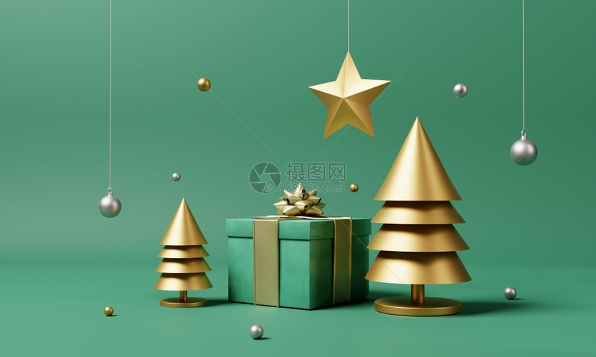 星圣诞节成套装饰和配有金色的Xmas树和在孤立的绿色背景上放雪花假日节和最低程度目标概念3D插图派对问候图片