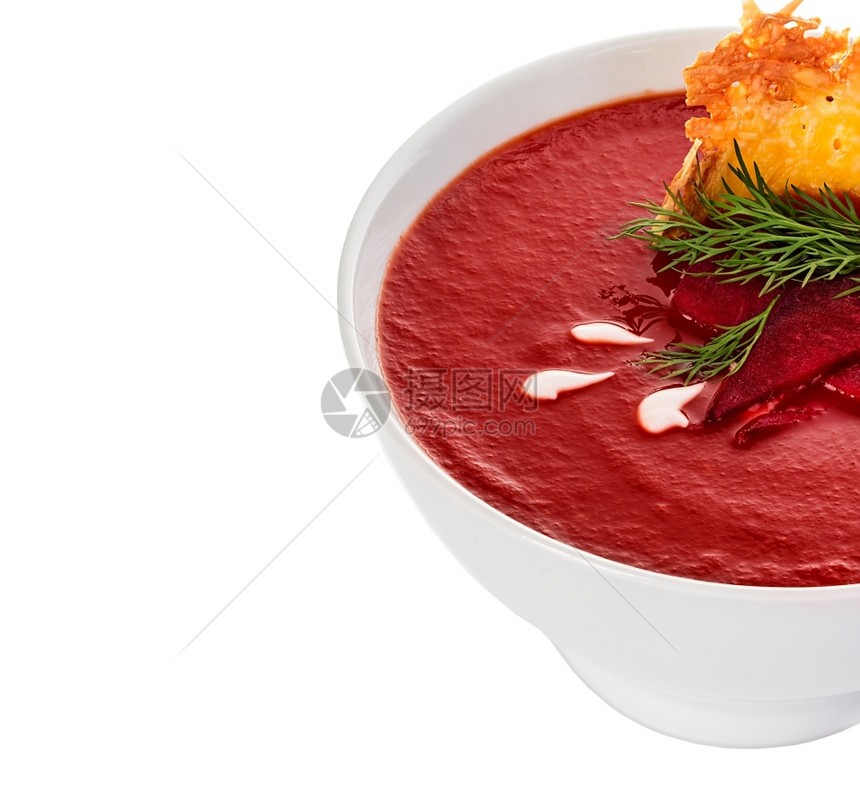 草本植物孤立的番茄奶油汤配有意大利面糕饼烹饪美食图片