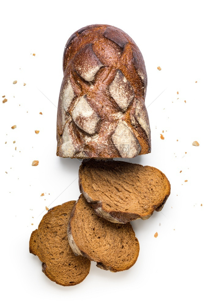 产品白底被孤立的切片棕色面包和碎屑粮食黑暗的图片