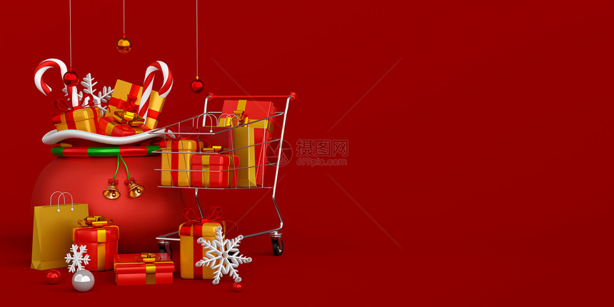 产品店铺讲台圣诞节和新年销售的圣诞横幅广告带有圣诞袋的购物车3D插图图片