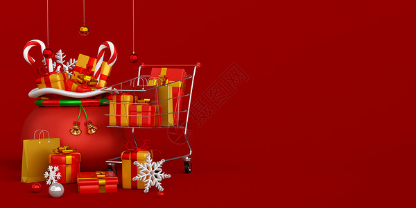 红色礼物袋产品店铺讲台圣诞节和新年销售的圣诞横幅广告带有圣诞袋的购物车3D插图设计图片