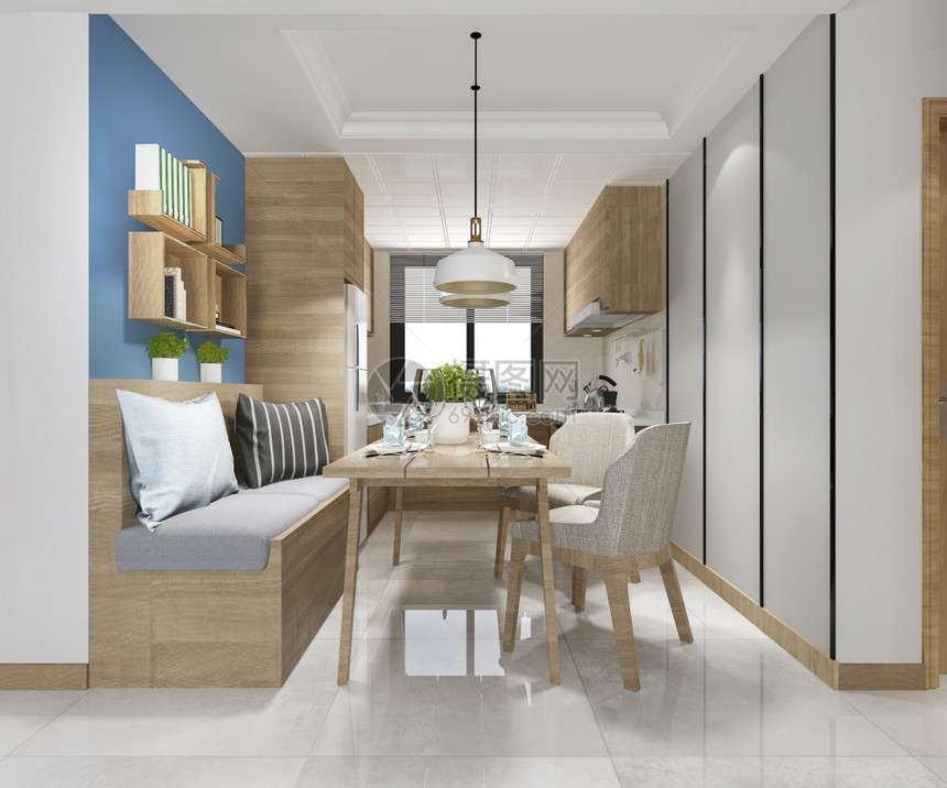 斯堪的纳维亚语3D提供白色最小厨房配有豪华装饰品家具干净的图片