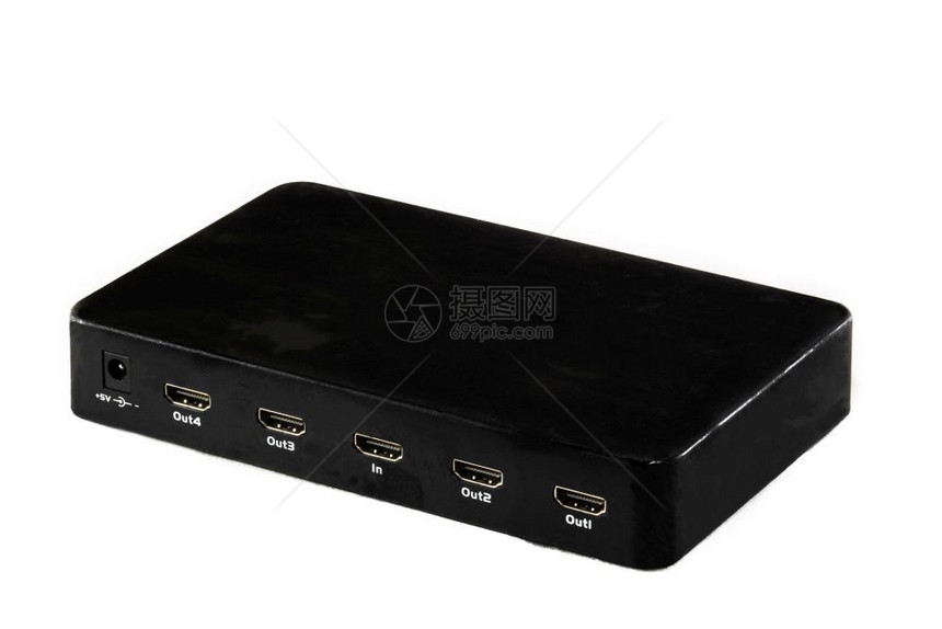 帕利卡拉斯娱乐白色背景的黑HDMI数字码视频四座港口分开器带有复制空间电子设备可连接多台电视为了图片