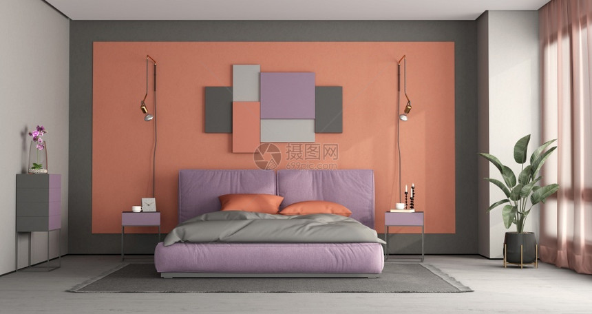 橙黑色的灰墙上配有现代双床和装饰板的多彩卧室3D用现代双床制成多彩主卧室图片