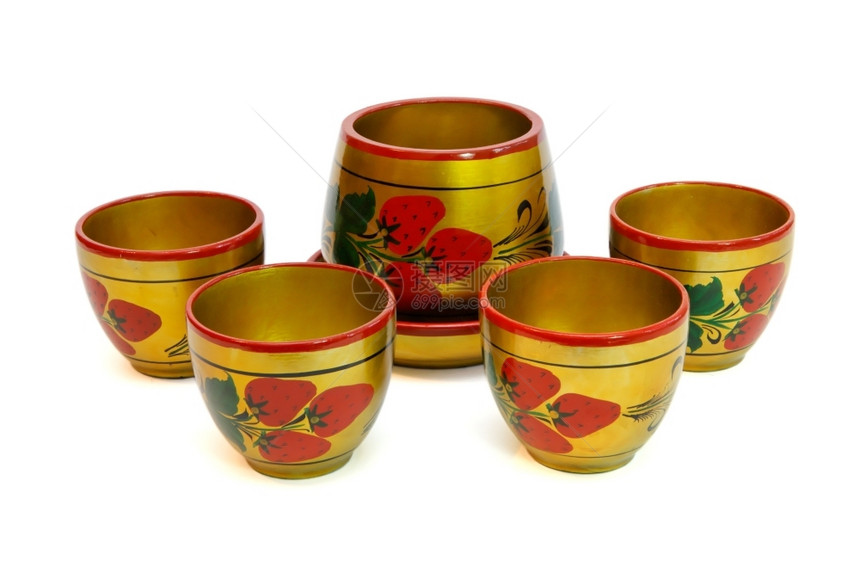 俄罗斯油漆的木制蜂蜜罐与四杯隔绝华丽的复古文化图片