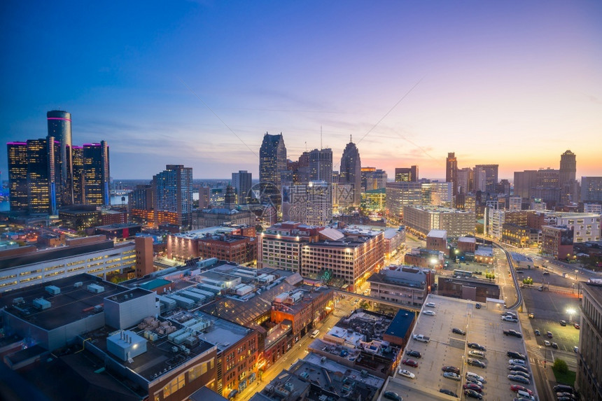 工业的高楼天际线美国密歇根州底特律市中心的天文景象图片