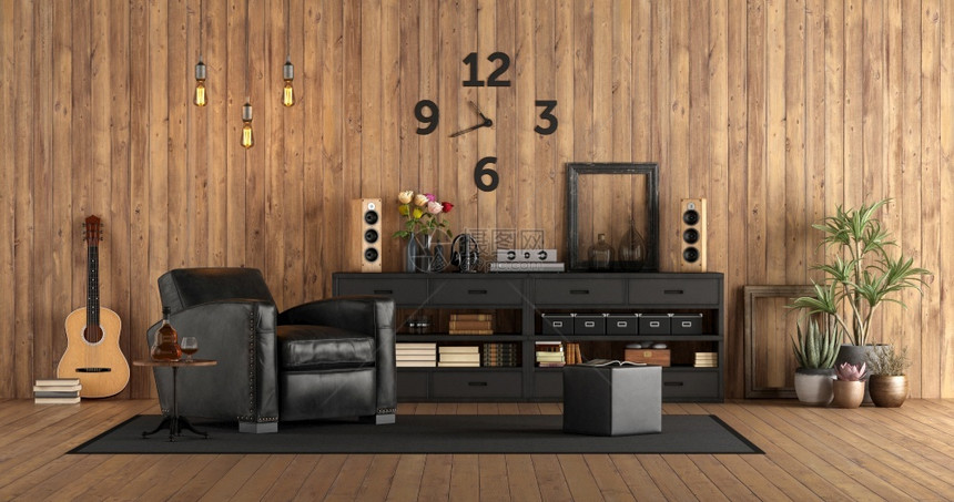 图书具有音频设备黑色家具和木墙壁上吉他的生锈式客厅3天用音频设备以生锈式客厅装饰风格优雅的图片