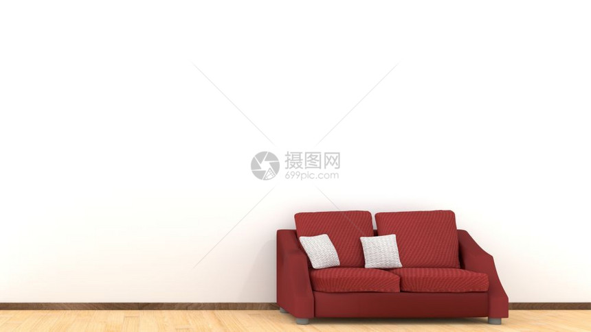 在室内白色的部现代室客厅设计木地板上有红沙发的起居室内设计白色垫子元素家与生活概念3D主题插图图片